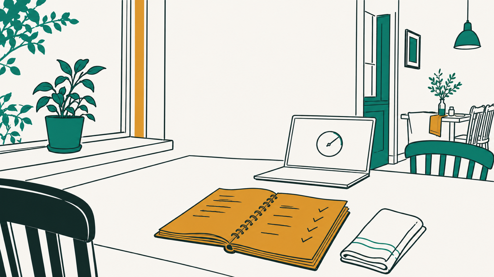 Line illustration of a small restaurant dining room in the quiet hour before service. On the table, a laptop showing a simple circular dial, and beside it an open notebook with a short handwritten list of ticked items.